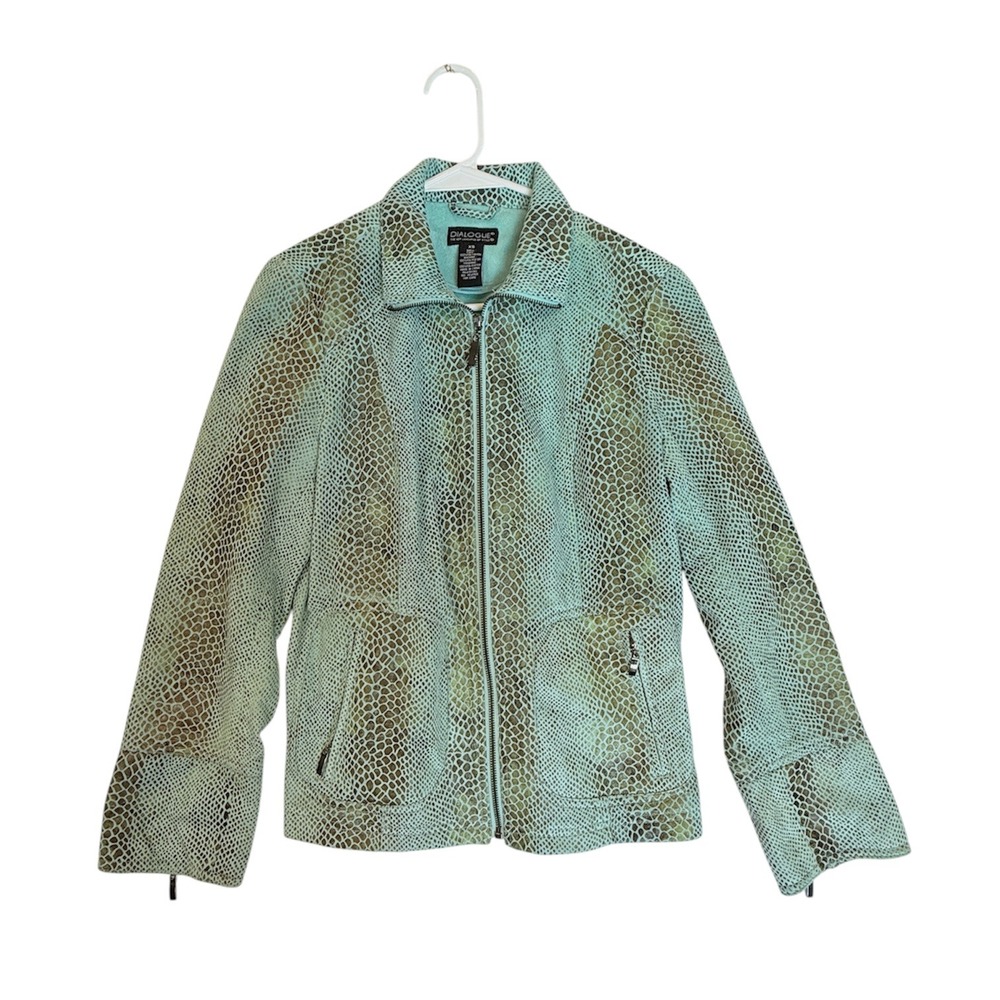 Dialogue Faux Snakeskin Jacket Women XS Aqua Green Snake Print Zip Up Moto Style